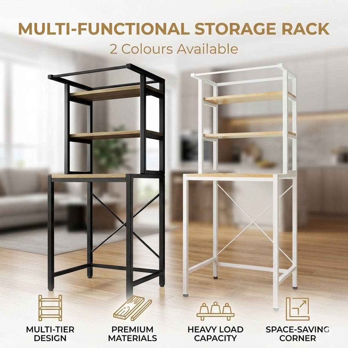 Over Washing Machine 3 Tier Storage Rack with Hanging Rail - White - view 2