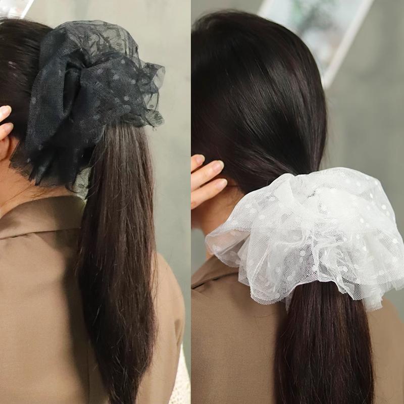 Oversized Polka Dot Lace Hair Band for Ponytails - Black, Large - view 5