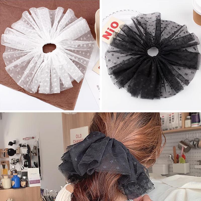 Oversized Polka Dot Lace Hair Band for Ponytails - Black, Small - view 7