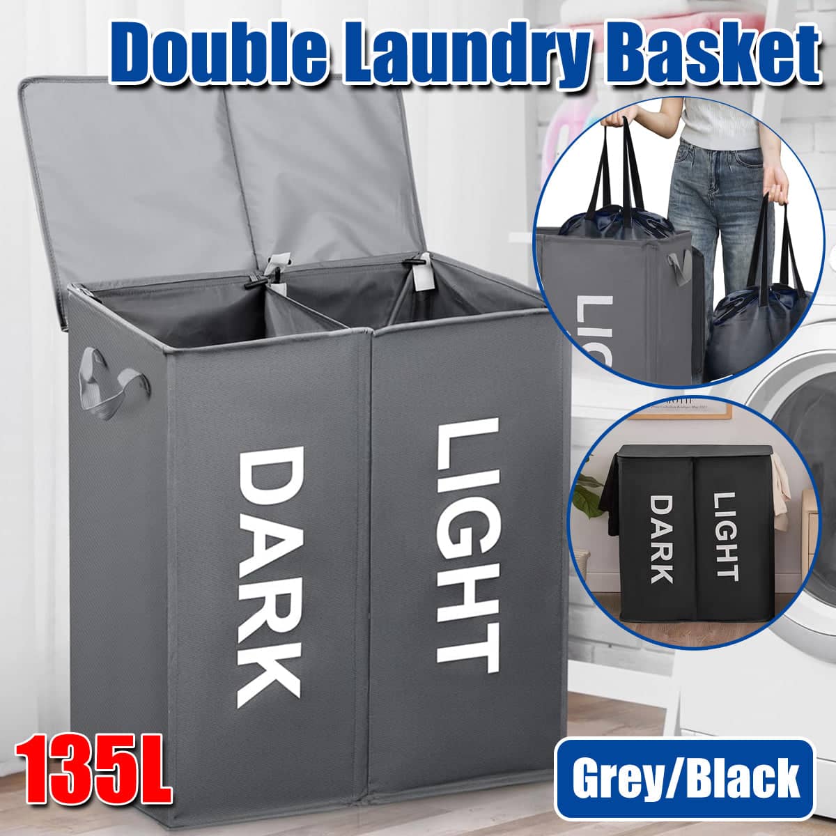 Oxford Cloth Double Laundry Basket 135L - Grey - view 2