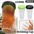 Pack of 100 Transparent 650 ml Party Drinking Cups with Green and Black Lids