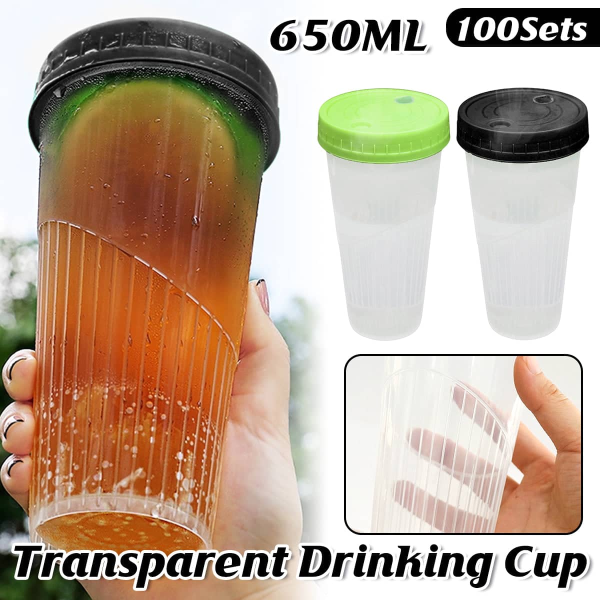 Pack of 100 Transparent 650 ml Party Drinking Cups with Green and Black Lids