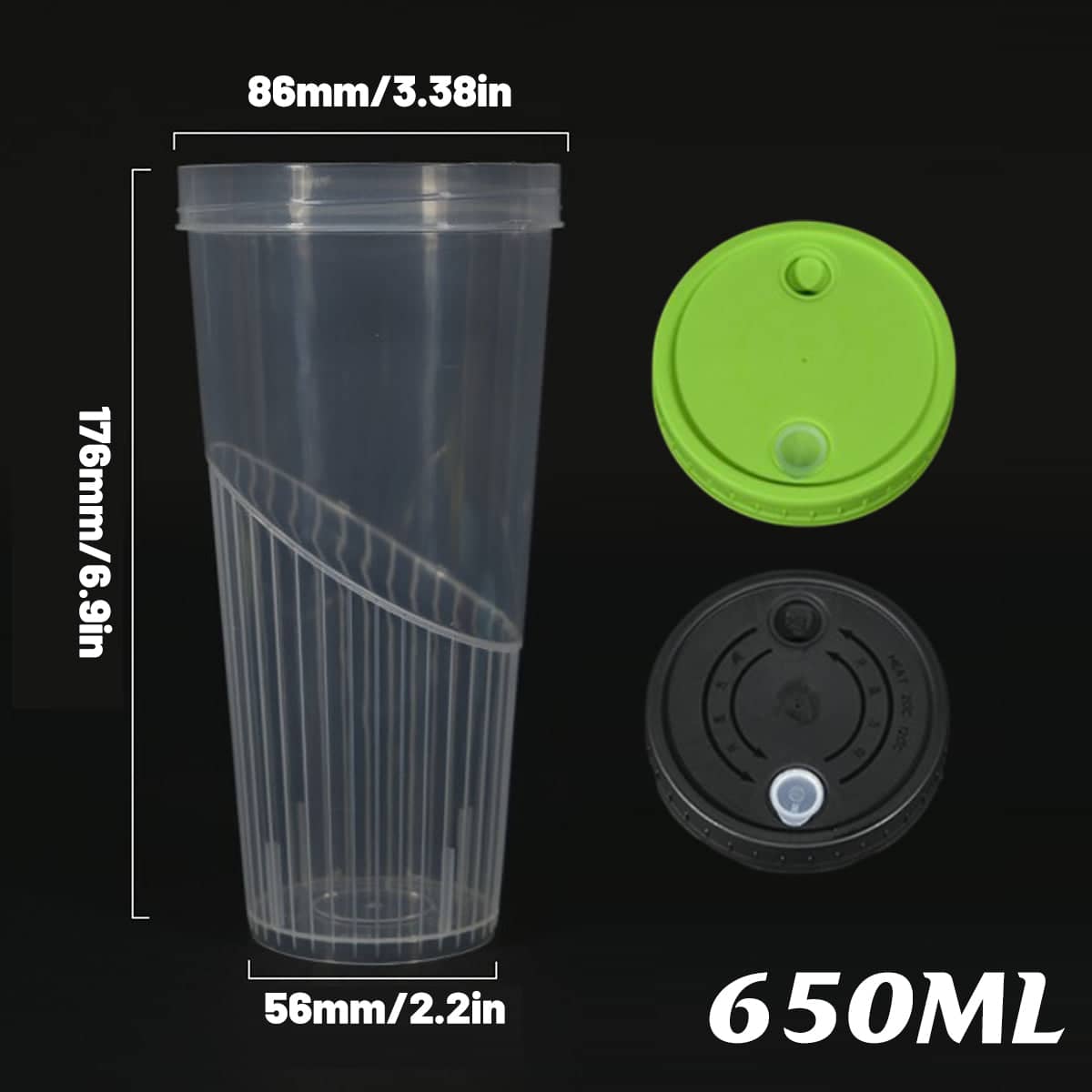Pack of 100 Transparent 650 ml Party Drinking Cups with Green and Black Lids - view 3