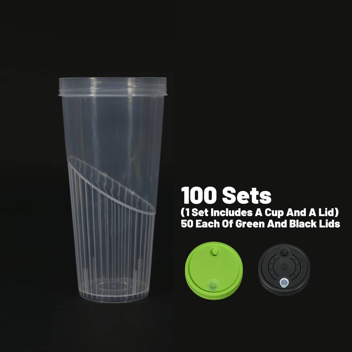 Pack of 100 Transparent 650 ml Party Drinking Cups with Green and Black Lids - view 5