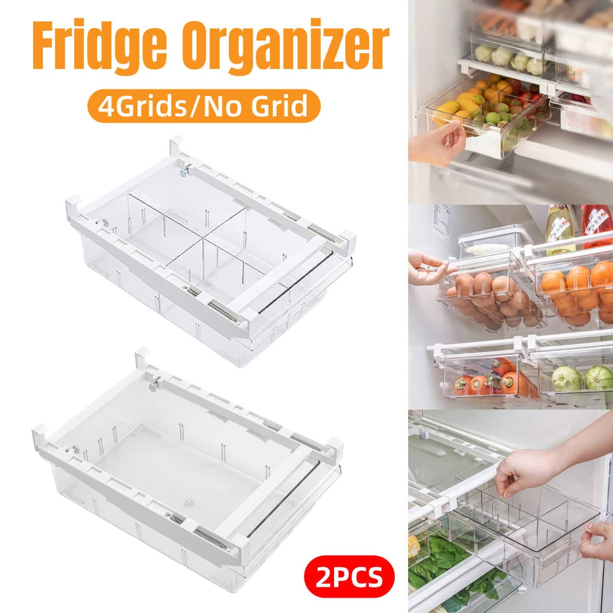Pack of 2 Refrigerator Storage Drawer Fridge Organiser Rack Egg Holder - 4 Grid Dividers - view 2