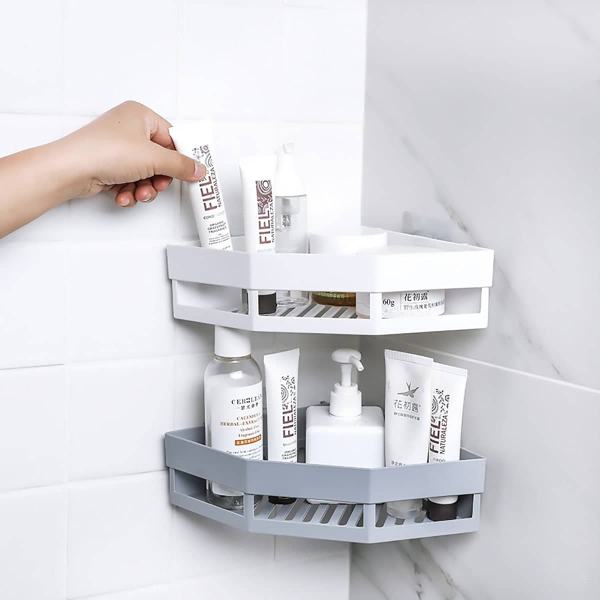 Pack of 2 Wall Mounted Corner Storage Shelves for Bathroom and Kitchen - White and Grey - view 4