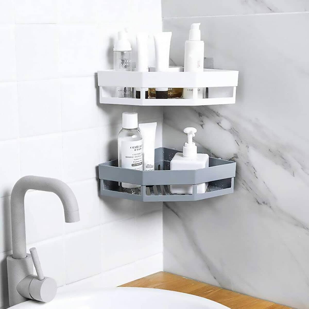 Pack of 2 Wall Mounted Corner Storage Shelves for Bathroom and Kitchen - White and Grey - view 5