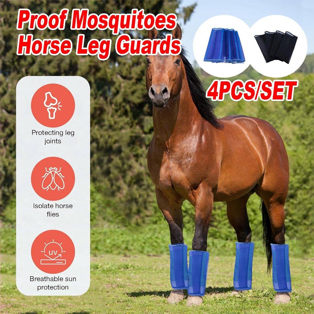 Pack of 4 Horse Leg Wraps with Mesh Covers for Insect Protection - Black - view 2