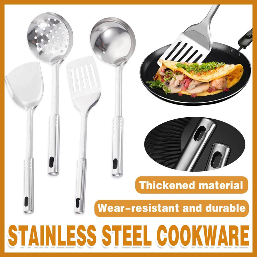 Pack of 4 Stainless Steel Kitchen Utensils - Slotted Turner, Spoon, Ladle and Skimmer