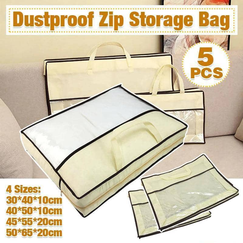 Pack of 5 Dustproof Zip Storage Bags for Quilts and Pillows - Beige, 30 x 40 x 10 cm - view 2