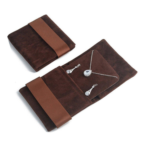 Pack of 5 Velvet Flannel Jewellery Pouches with Drawstring - Coffee Brown