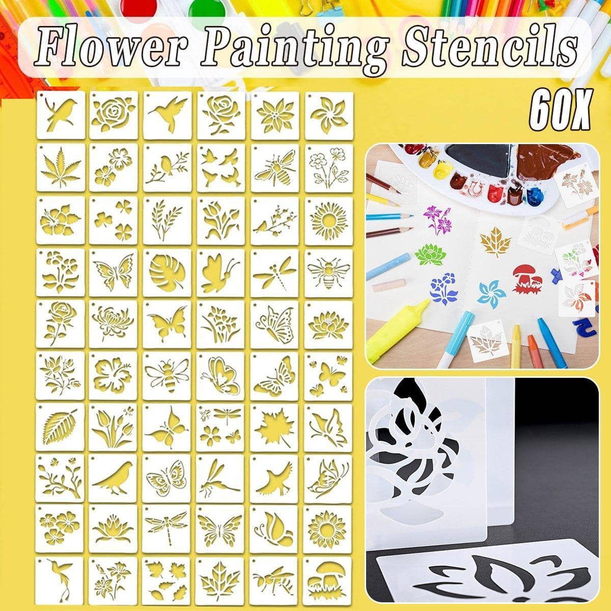 Pack of 60 Flower and Animal Painting Stencils, Reusable PET Templates