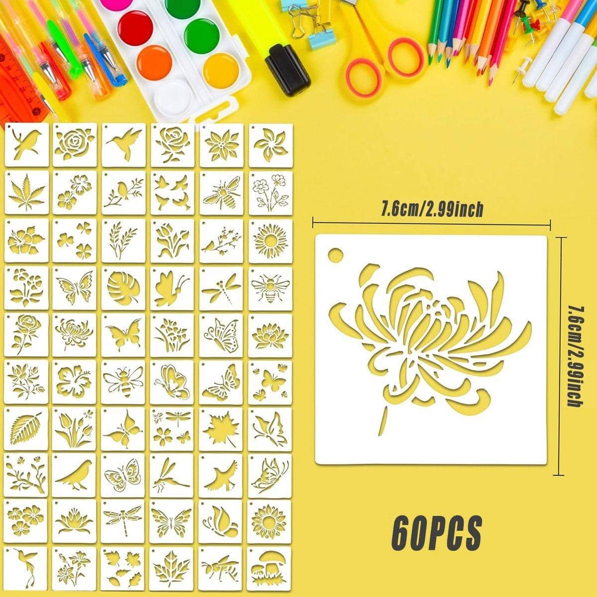 Pack of 60 Flower and Animal Painting Stencils, Reusable PET Templates - view 3