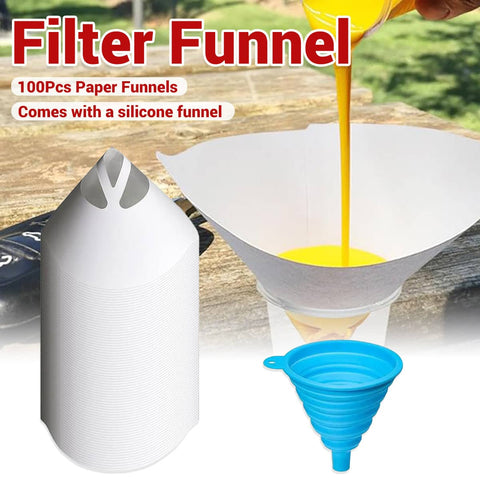 Paint Strainer Funnel Set, 100 Paper Filter Funnels and 1 Silicone Funnel