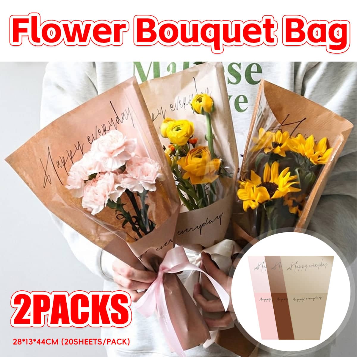 Paper Gift Bags for Flower Bouquets, 2 Packs of 20 - Light Tan Kraft - view 2