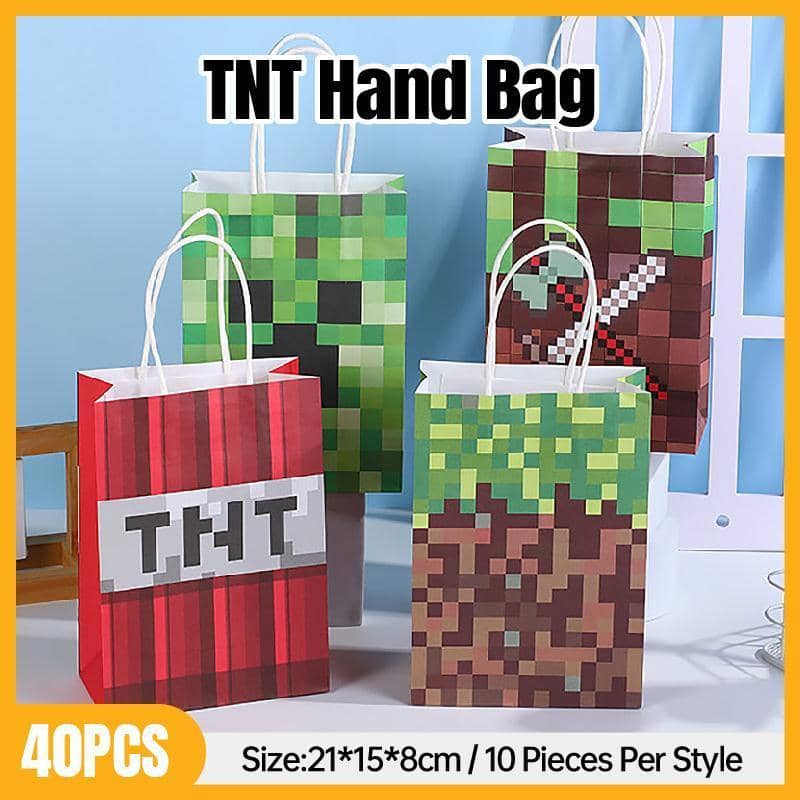 Paper Gift Bags with Handles, Pixel Block Themed - Pack of 40, 21 x 15 x 8 cm