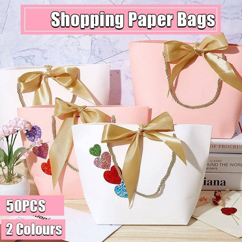 Paper Gift Bags with Ribbon Bow Handles, 14 x 7 x 15 cm, Pack of 50 - White - view 2