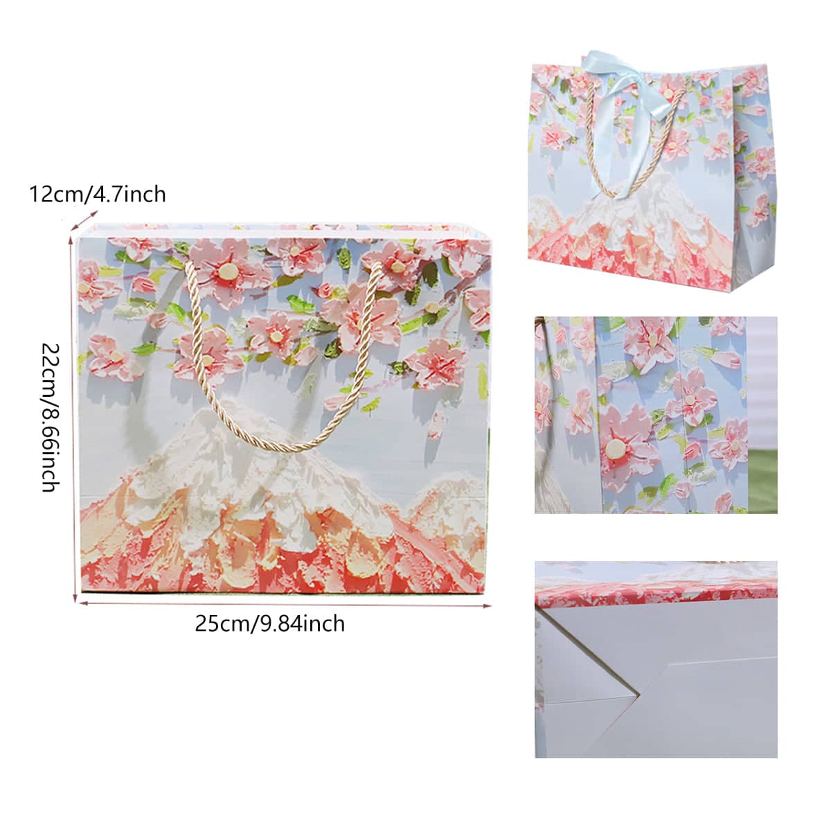 Paper Gift Bags with Ribbon Handles, Pack of 50 - Cherry Blossom and Mountain Design - view 4