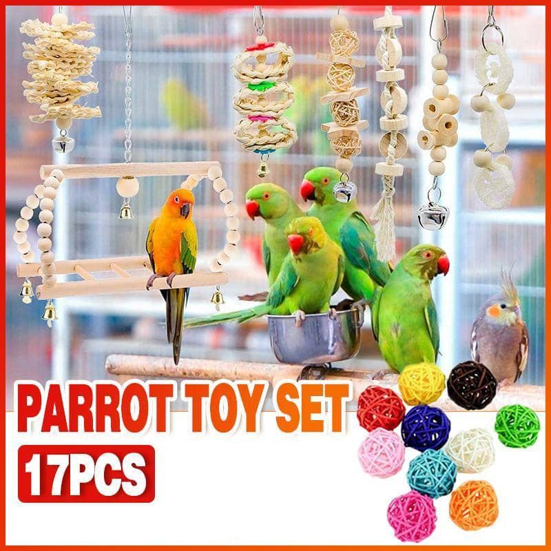 Parrot and Bird Cage Toy Set, 17 Pieces with Swings, Bells and Chew Toys