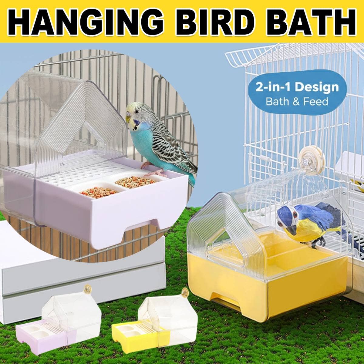 Parrot Bathtub and Feeder for Bird Cages, 15.2 x 15.6 x 18cm - Yellow - view 2