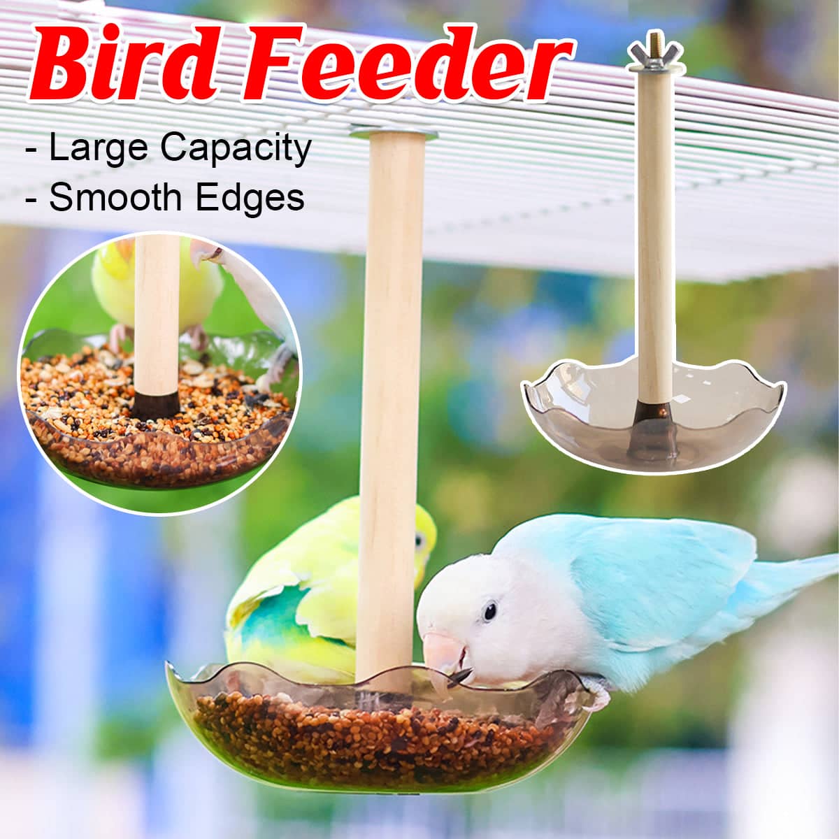 Parrot Food and Water Feeder Basin with Wooden Rod for Cages