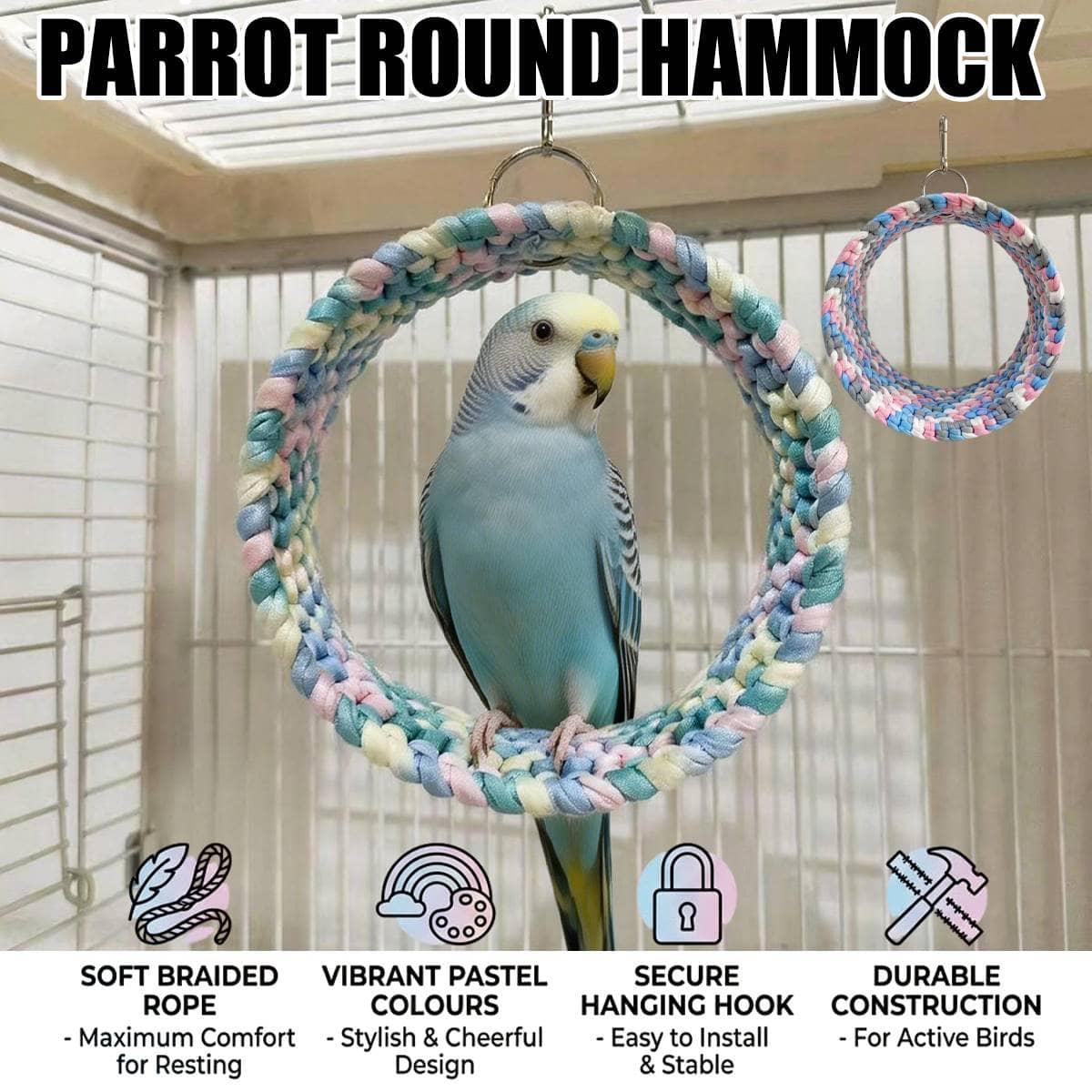 Parrot Round Hammock Swing Woven Rope Bird Cage Perch Budgie Sugar Glider - Blue and Pink - view 2