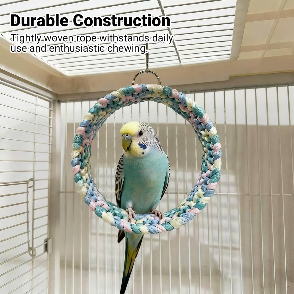 Parrot Round Hammock Swing Woven Rope Bird Cage Perch Budgie Sugar Glider - Blue and Pink - view 5