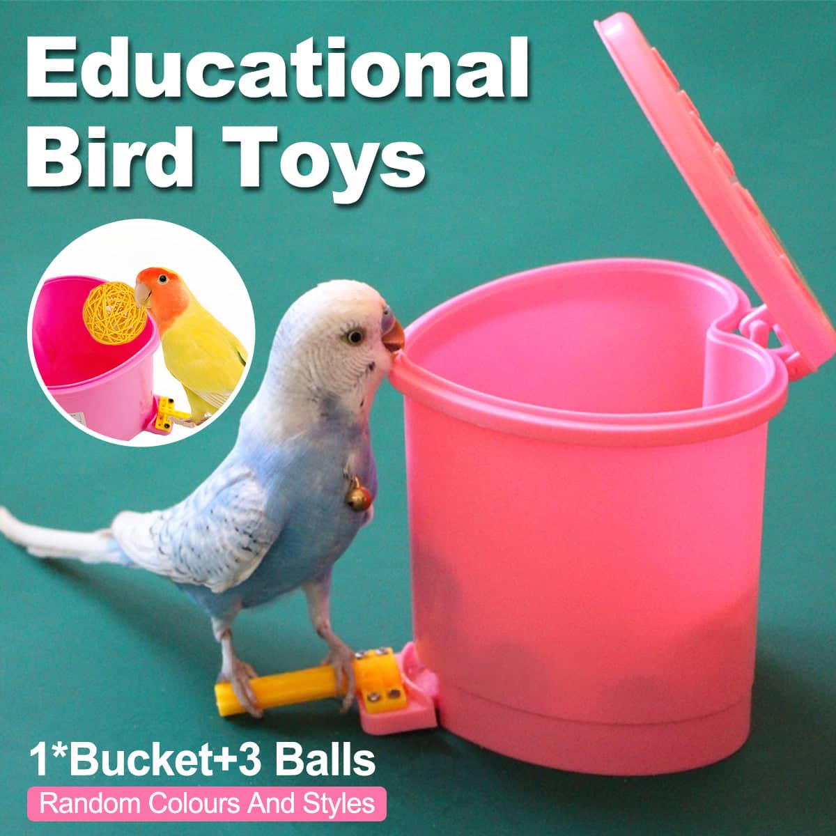Parrot Training Bucket Toy with 3 Balls, Bird Chew and Fetch Playset