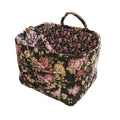 Pastoral Floral Fabric Storage Basket with Handles - Pink Roses on Black
