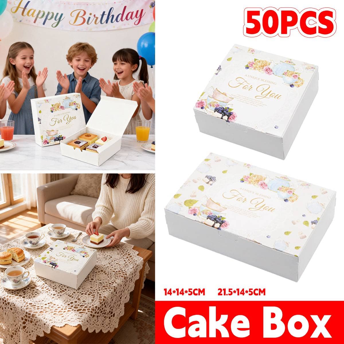Pastry Gift Boxes, Pack of 50 - Floral Paperboard Cookie Box, 14 x 14 x 5 cm - view 2