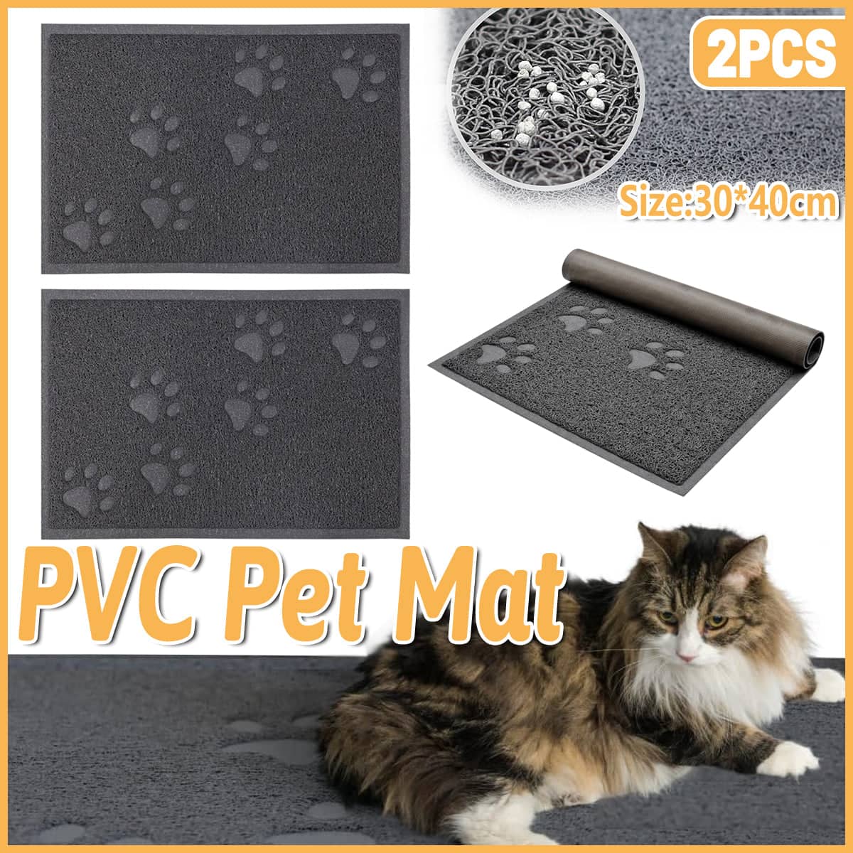 Paw Print Pet Food Mat for Dogs and Cats, Pack of 2 - 30 x 40 cm