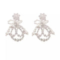 Pearl and Crystal Drop Earrings - White Bow with Clear Beads
