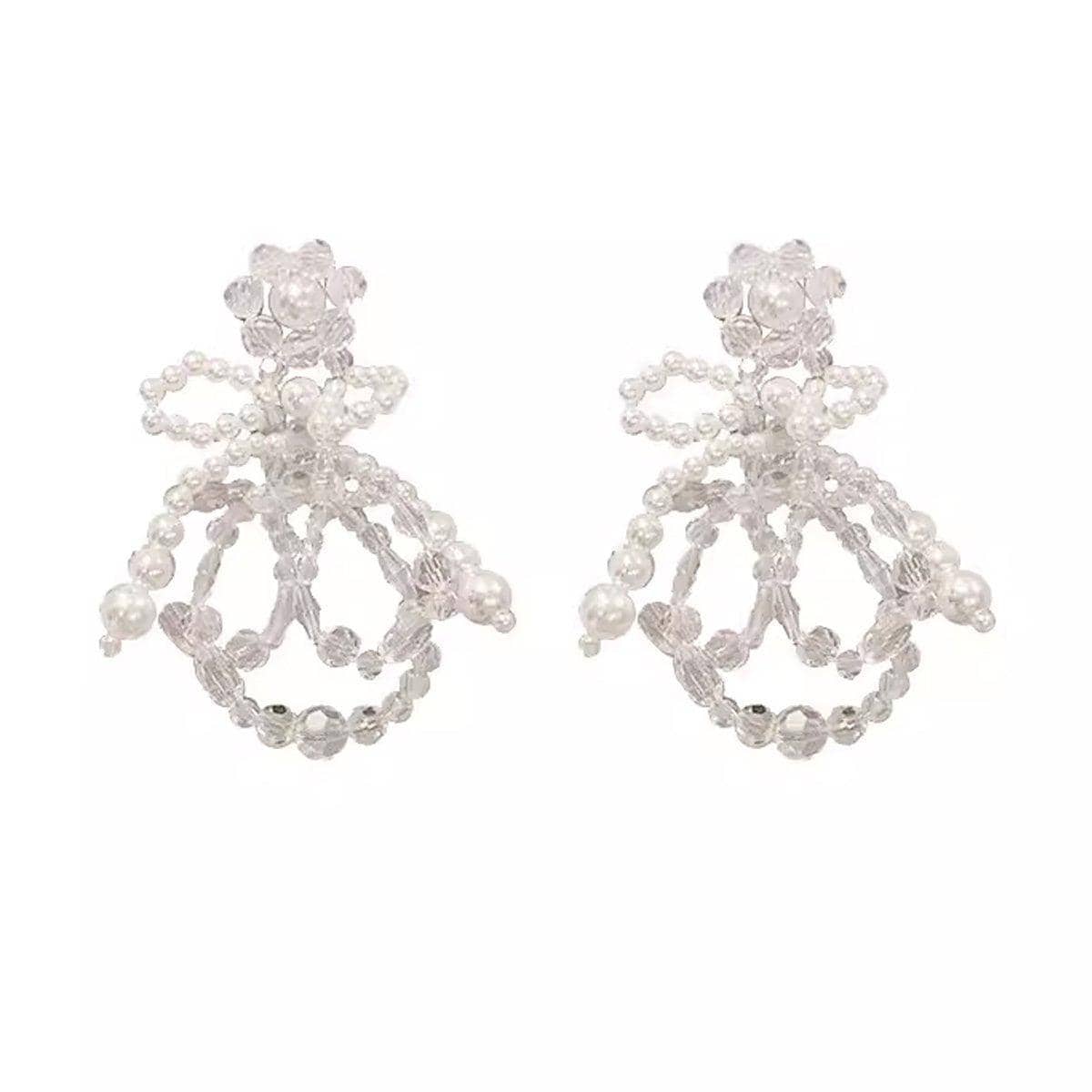 Pearl and Crystal Drop Earrings - White Bow with Clear Beads