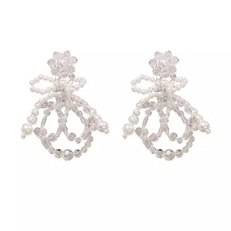 Pearl and Crystal Drop Earrings - White Bow with Clear Beads