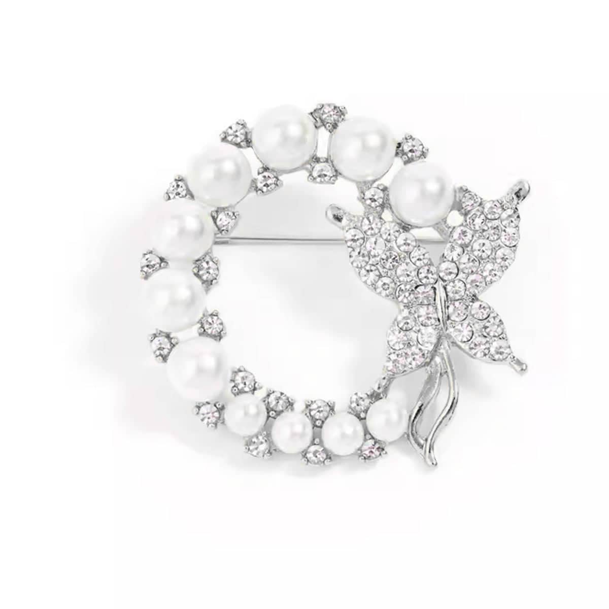 Pearl Butterfly Brooch Pin Round Crystal Wreath Fashion Pin - Silver
