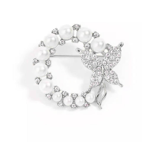 Pearl Butterfly Brooch Pin Round Crystal Wreath Fashion Pin - Silver