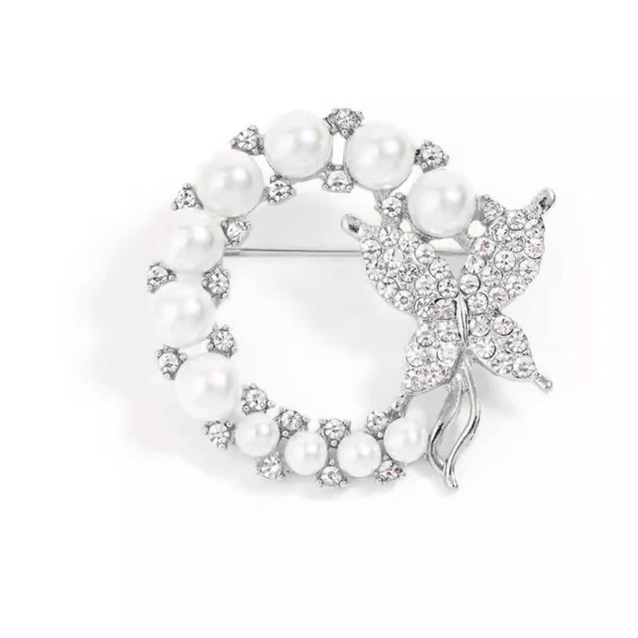 Pearl Butterfly Brooch Pin Round Crystal Wreath Fashion Pin - Silver