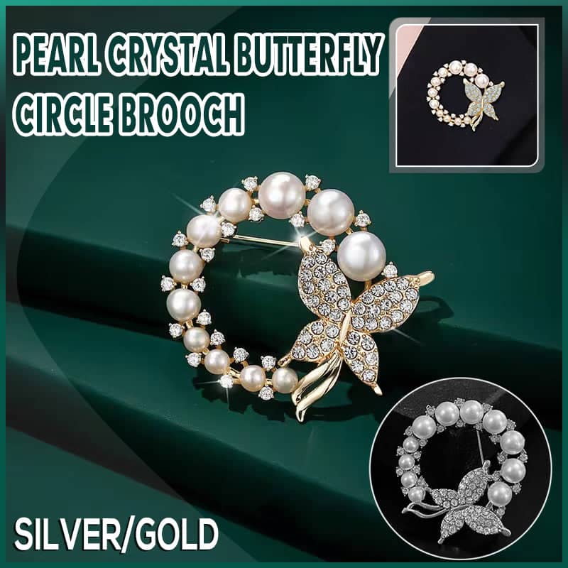 Pearl Butterfly Brooch Pin Round Crystal Wreath Fashion Pin - Silver - view 2