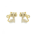 Pearl Cat Stud Earrings for Women - Gold-Tone Cats with Pearl-Style Bead Bodies