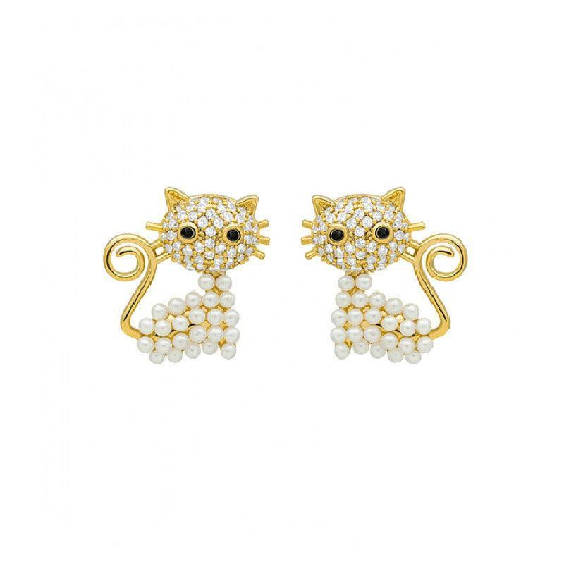 Pearl Cat Stud Earrings for Women - Gold-Tone Cats with Pearl-Style Bead Bodies