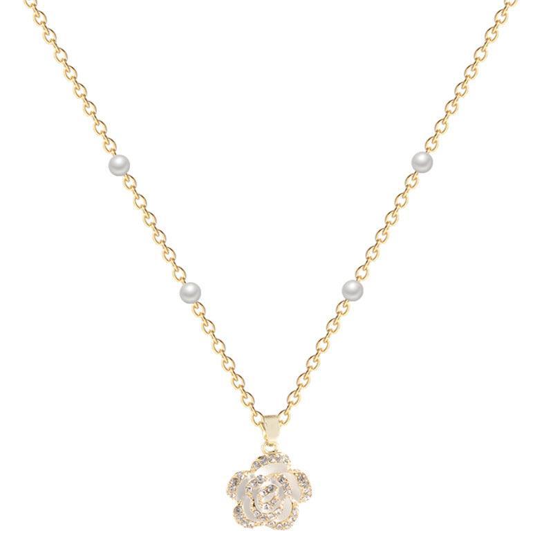 Pearl Flower Necklace for Women with Imitation Pearls - Gold Tone