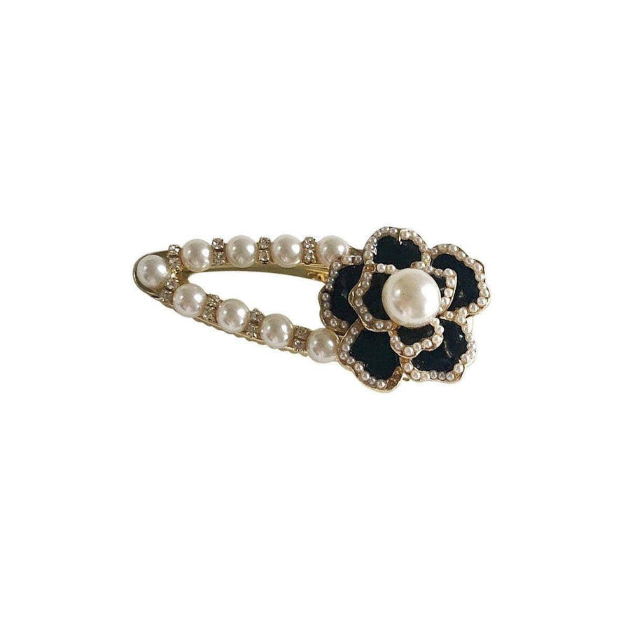 Pearl Hair Clip with Black Flower - Gold, Pearl and Black
