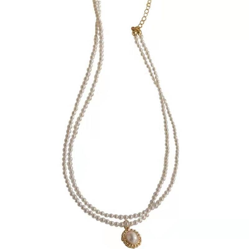 Pearl Pendant Necklace - Double Layer, Gold Oval Pendant