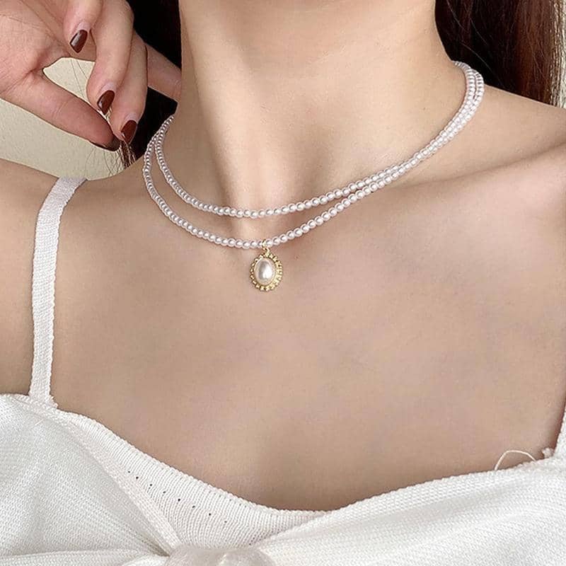 Pearl Pendant Necklace - Double Layer, Gold Oval Pendant - view 4