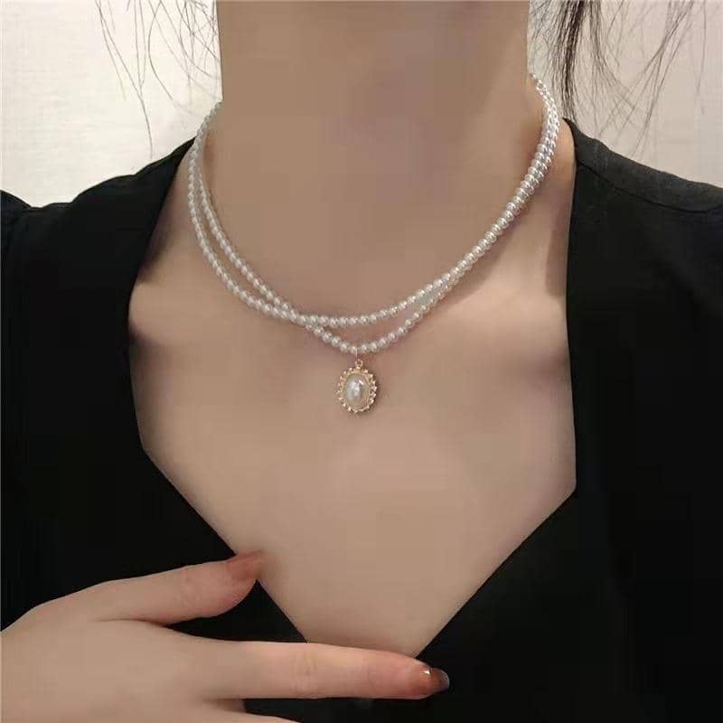 Pearl Pendant Necklace - Double Layer, Gold Oval Pendant - view 5