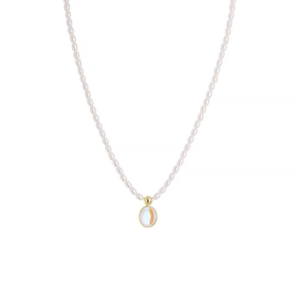 Pearl Pendant Necklace - Fine Rice Pearl Beads, Small Gold Oval Pendant