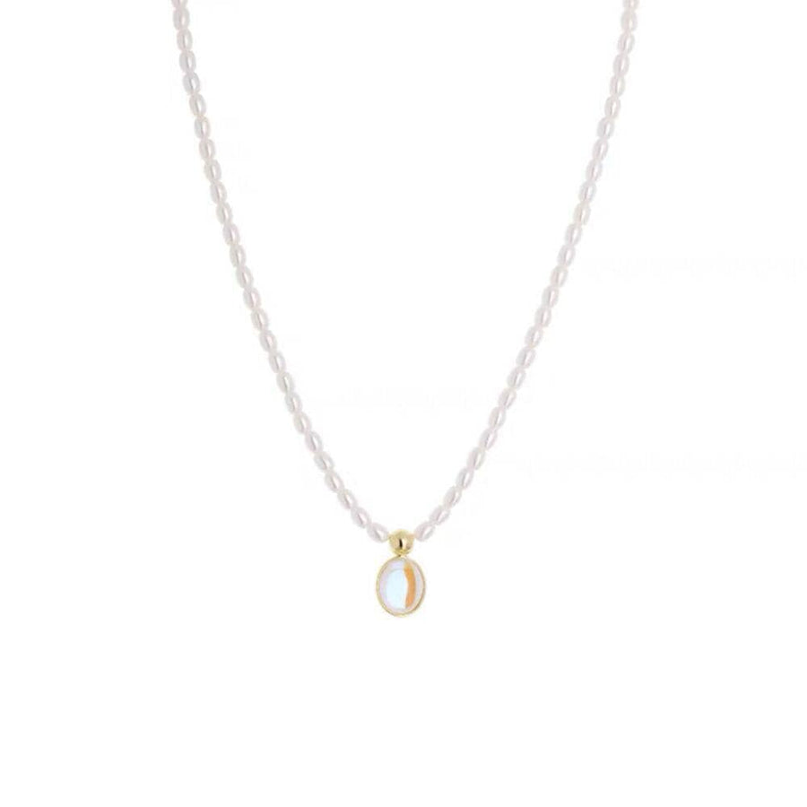 Pearl Pendant Necklace - Fine Rice Pearl Beads, Small Gold Oval Pendant