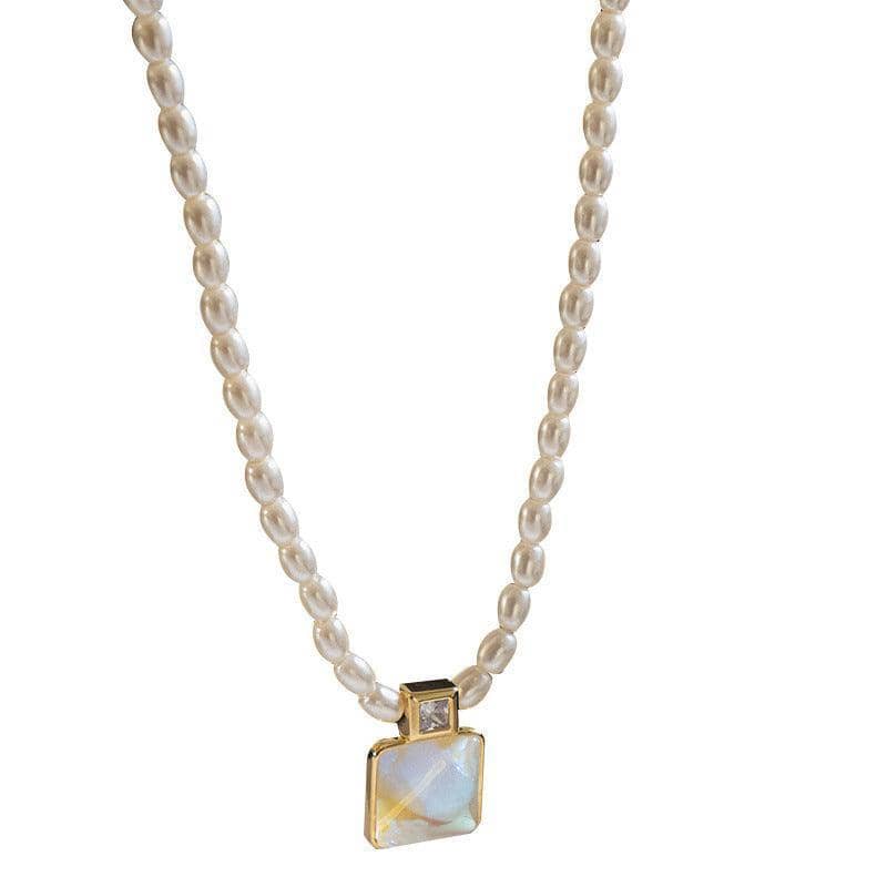 Pearl Pendant Necklace - Rice Pearl Beads, Gold Square Pendant