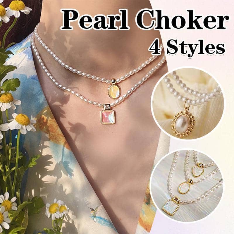 Pearl Pendant Necklace - Rice Pearl Beads, Gold Square Pendant - view 2