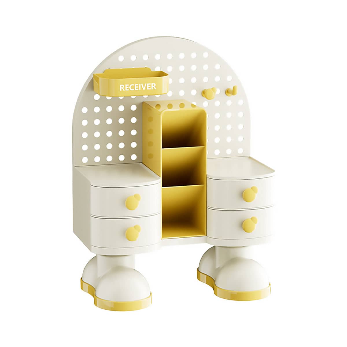 Pegboard Desk Organiser with Drawers - Cartoon Boot-Feet Style, Yellow